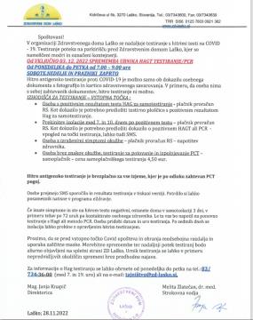 Obvestilo ZD Laško glede testiranja